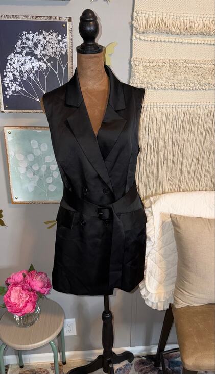 Express Jackets & Blazers - Express Black Satin-Look Double-Breasted Longline Vest – Medium – NWT